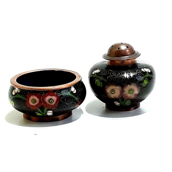 Chinese Cloisonne Open Salt & Pepper Vintage Enamel Brass Floral Black Rose Blue - Picture 2 of 8